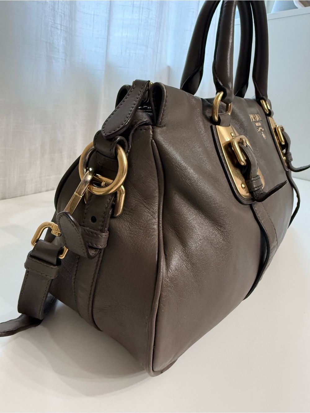 Prada Taupe Gray Leather Satchel Crossbody Bag with Gold Hardware Vitello Daino - Picture 10 of 15